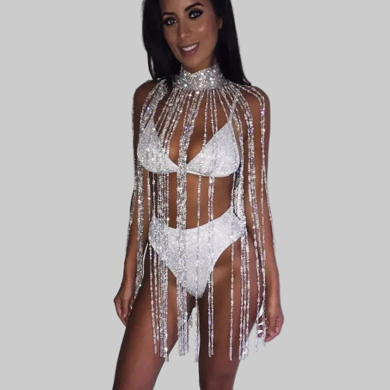 Rhinestone Tassel Long Tank Top - Turtleneck with Fringe