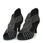 Rhinestone Latin Dance Sandal | Black Satin | 5–10cm Heel