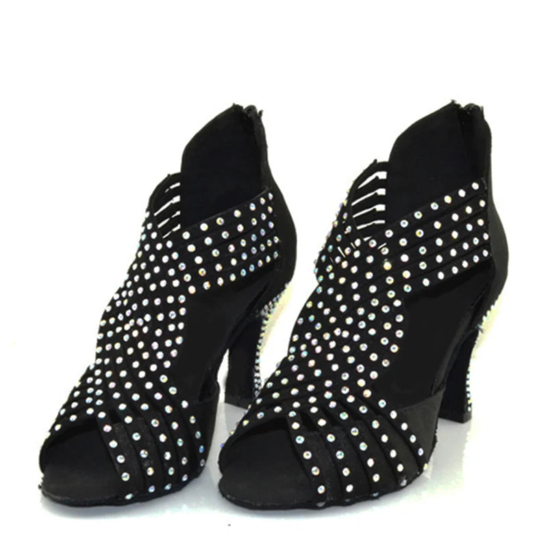 Rhinestone Latin Dance Sandal | Black Satin | 5–10cm Heel