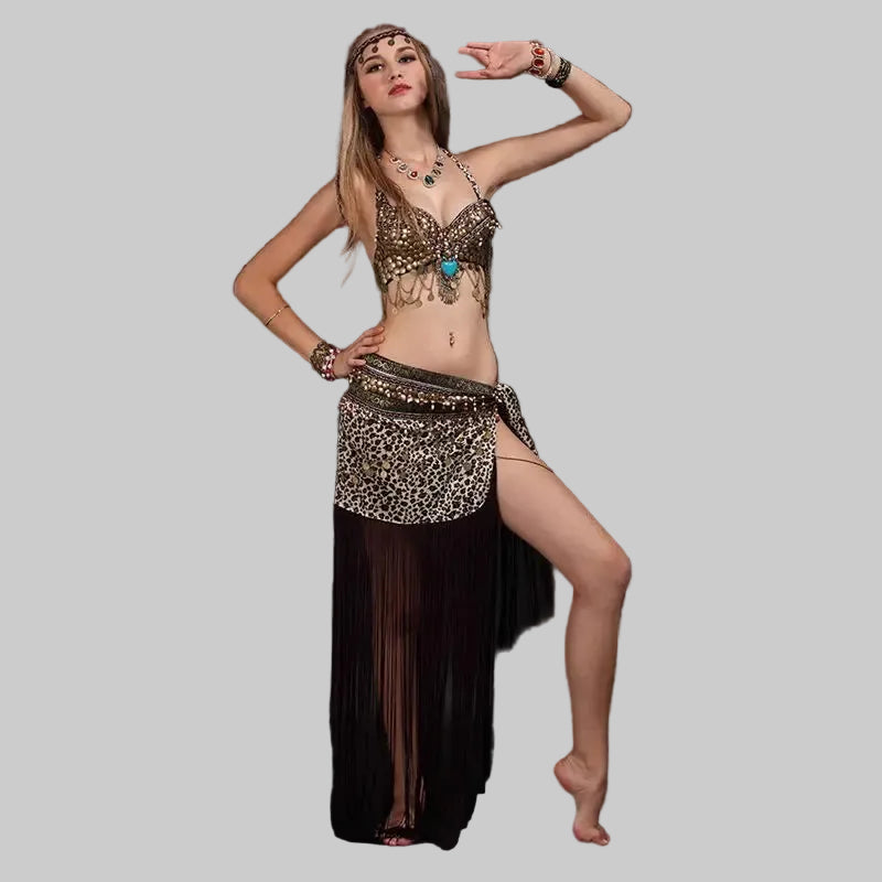 Tribal Belly Dance Costume Set - Coin Bra & Hip Scarf with Masquerade Emblem