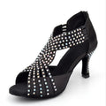 Rhinestone Latin Dance Sandal | Black Satin | 5–10cm Heel