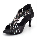 Rhinestone Latin Dance Sandal | Black Satin | 5–10cm Heel