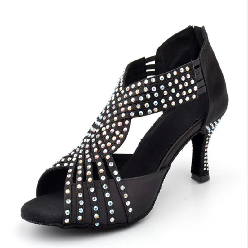 Rhinestone Latin Dance Sandal | Black Satin | 5–10cm Heel
