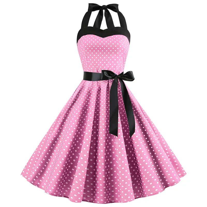 Vintage Halter Swing Dress | Polka Dot & Solid | 50s Rockabilly