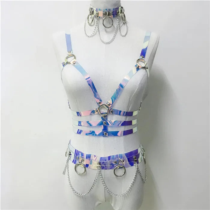 Holographic PVC Body Harness - Caged Bra Performance Harness