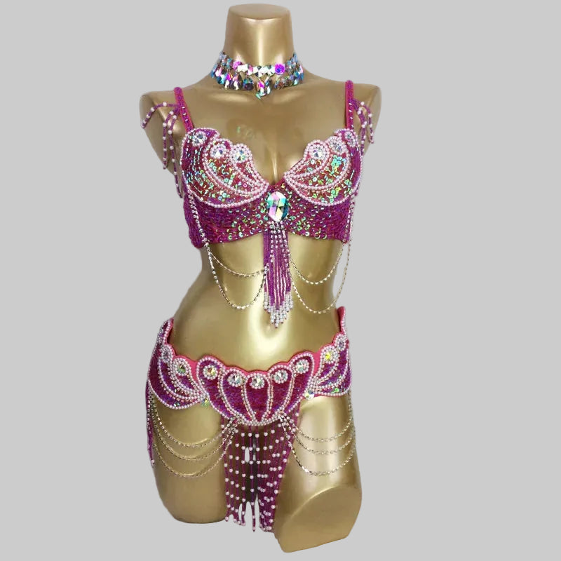 Dazzling Beaded Belly Dance Costume Set - Bra, Belt & Necklace (3-Piece)