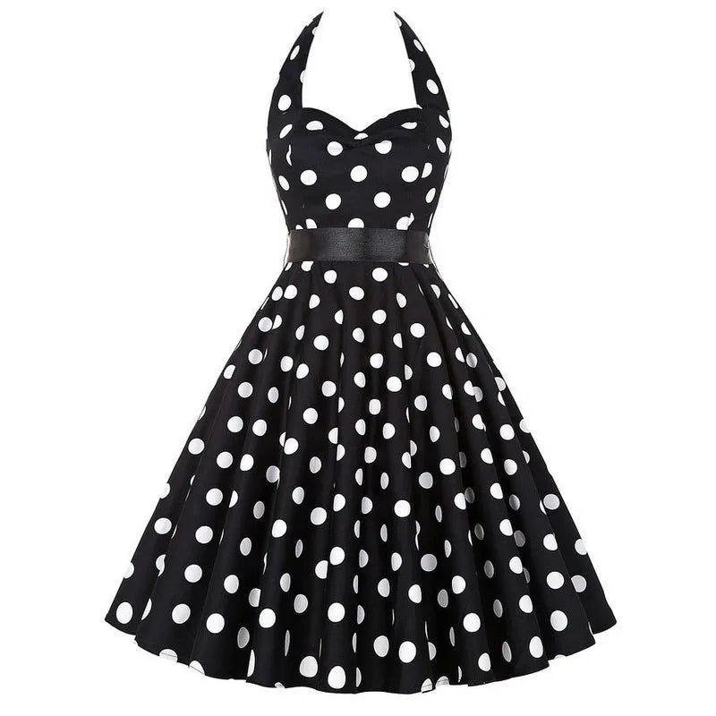 Vintage Halter Swing Dress | Polka Dot & Solid | 50s Rockabilly