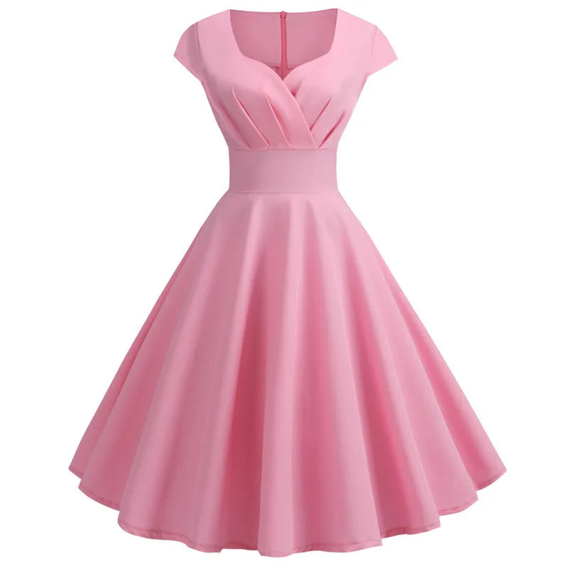 Vintage V-Neck Swing Dress | Cap Sleeve | 50s Rockabilly