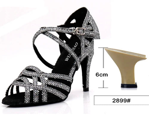 Rhinestone Latin Dance Sandals | Thin Heel | 6–10cm | Black, Silver & Gold