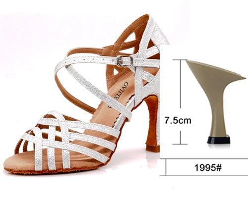 Rhinestone Latin Dance Sandals | Thin Heel | 6–10cm | Black, Silver & Gold