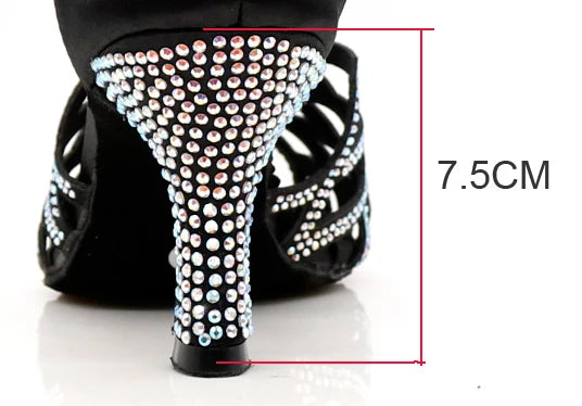 Rhinestone Cut-Out Latin Dance Sandals | Thin Heel | 6–10cm | Black & Blue