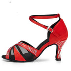 Rhinestone Satin Latin Dance Sandals | Thin Heel | 6–10cm | Black, Red & Orange