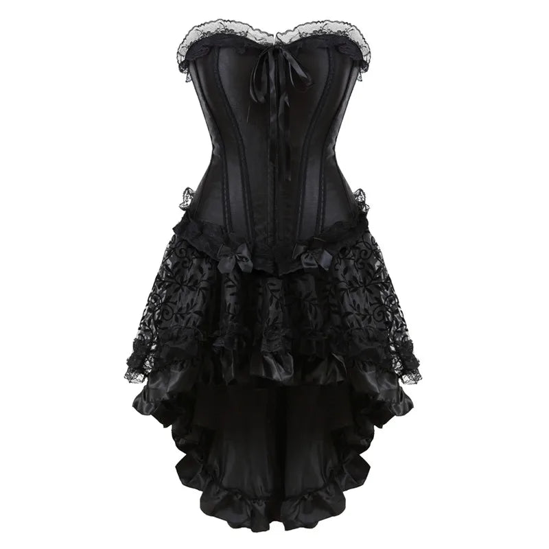 Black Gothic Overbust Corset | Hi-Low Ruffle Skirt | Lace Trim | XXS–6XL