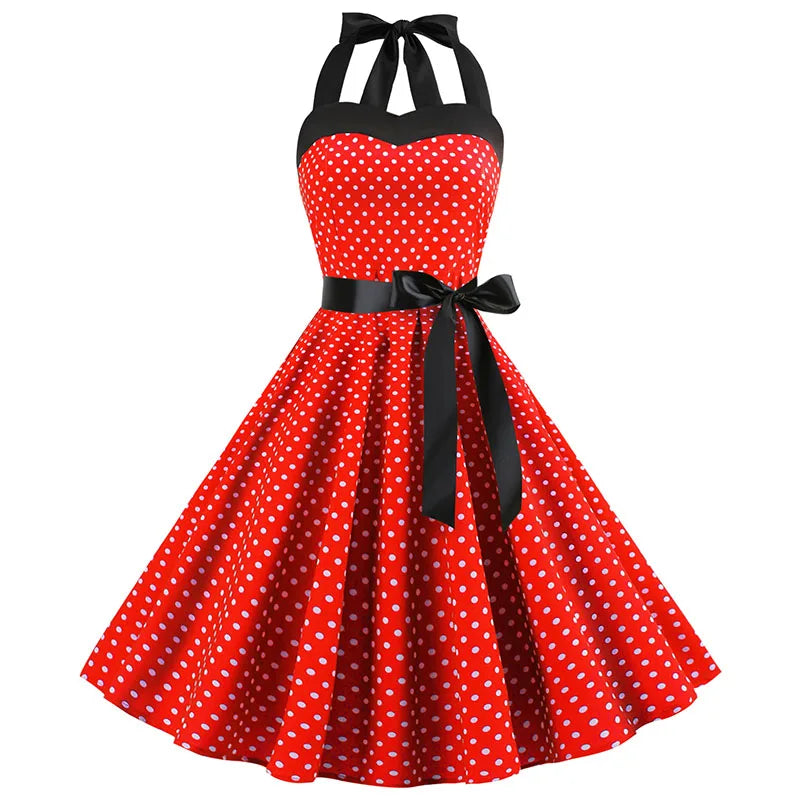 Vintage Halter Swing Dress | Polka Dot & Solid | 50s Rockabilly