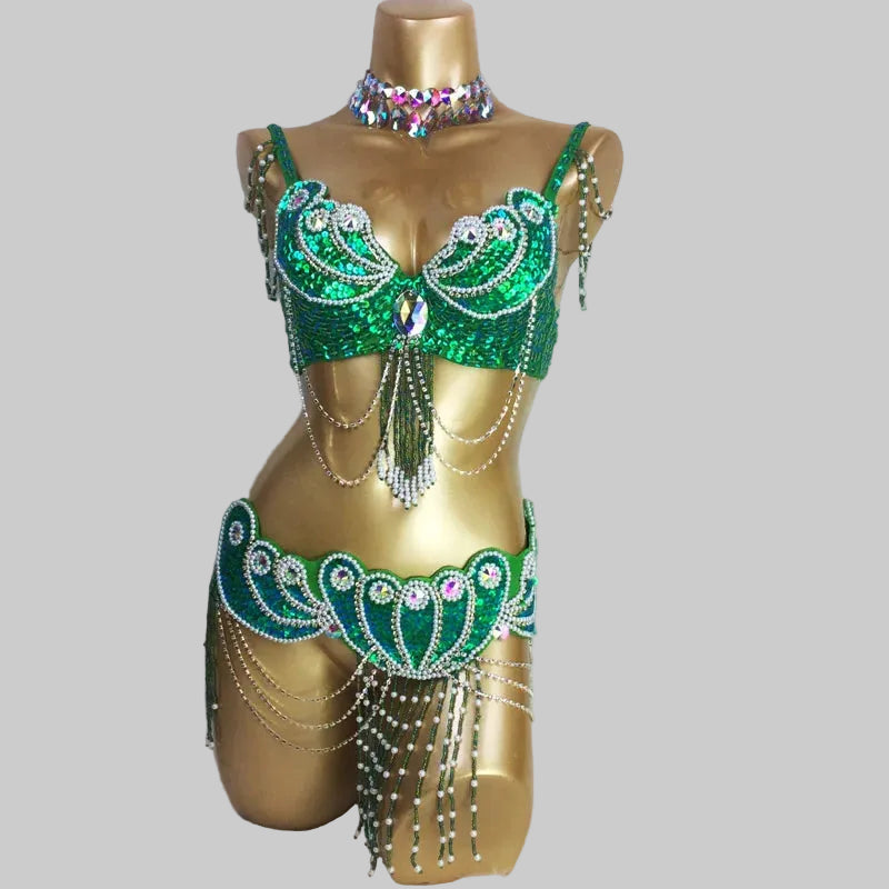 Dazzling Beaded Belly Dance Costume Set - Bra, Belt & Necklace (3-Piece)
