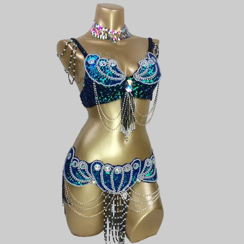 Dazzling Beaded Belly Dance Costume Set - Bra, Belt & Necklace (3-Piece)