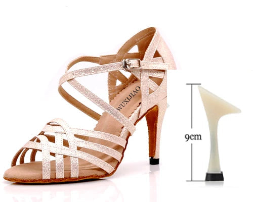 Rhinestone Latin Dance Sandals | Thin Heel | 6–10cm | Black, Silver & Gold