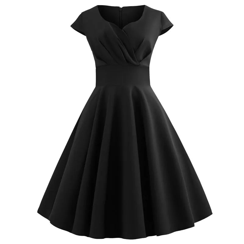Vintage V-Neck Swing Dress | Cap Sleeve | 50s Rockabilly
