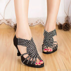 Rhinestone Latin Dance Sandal | Black Satin | 5–10cm Heel