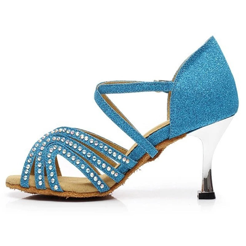 Sequin Rhinestone Ballroom Dance Heels | Gold & Blue | 75–85mm