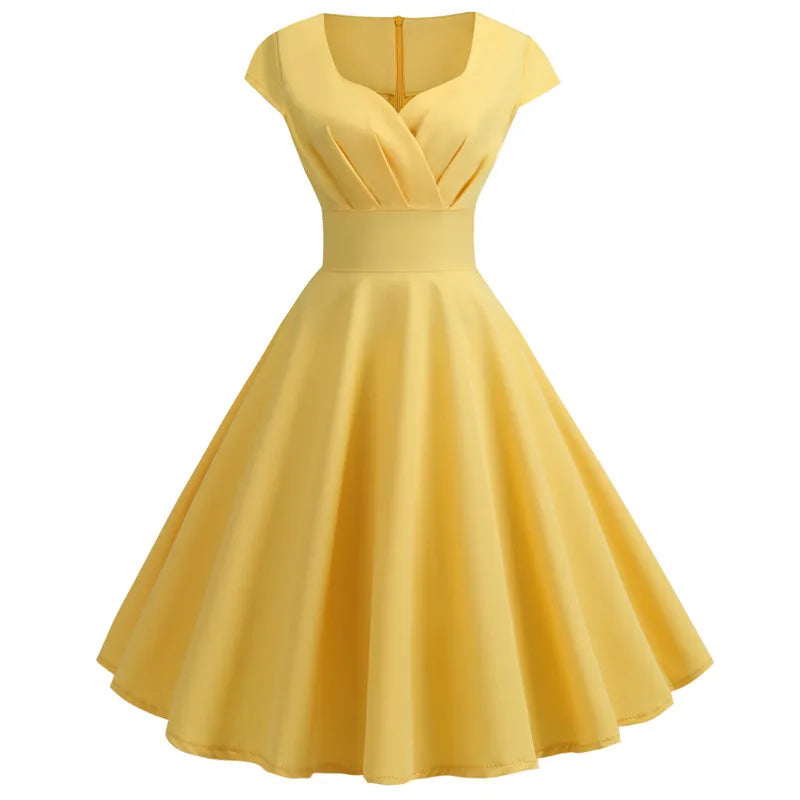 Vintage V-Neck Swing Dress | Cap Sleeve | 50s Rockabilly