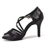 Mesh & Satin Latin Dance Sandal | Black & Silver | Multi Heel