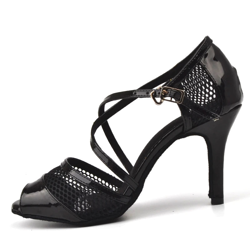 Mesh & Satin Latin Dance Sandal | Black & Silver | Multi Heel