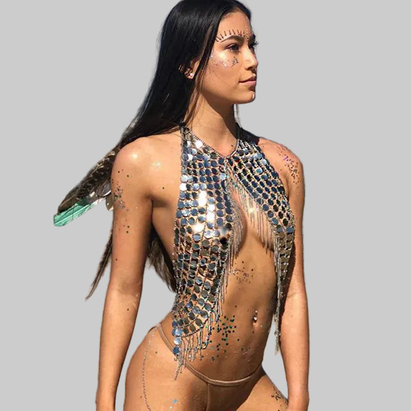 Sequin Chain Halter Top - Handmade Acrylic Performance Cami
