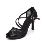 Mesh & Satin Latin Dance Sandal | Black & Silver | Multi Heel