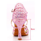 Rhinestone Satin Latin Dance Heels | Open Toe | Pink & Silver