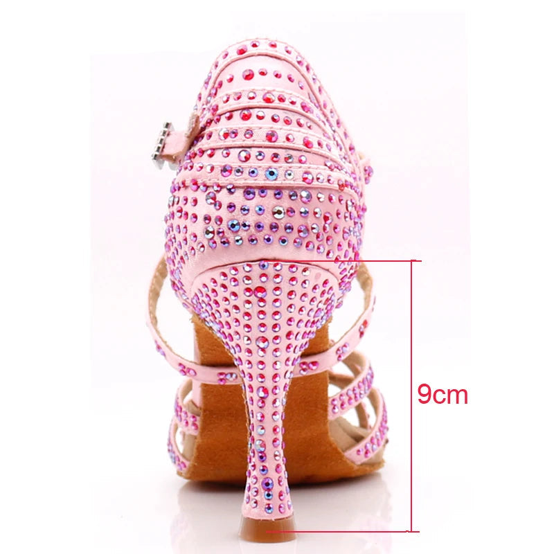 Rhinestone Satin Latin Dance Heels | Open Toe | Pink & Silver