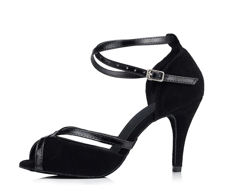 Flock & Satin Latin Dance Heels | Ankle Strap | 5–8.5cm