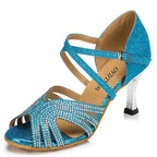 Sequin Rhinestone Ballroom Dance Heels | Gold & Blue | 75–85mm