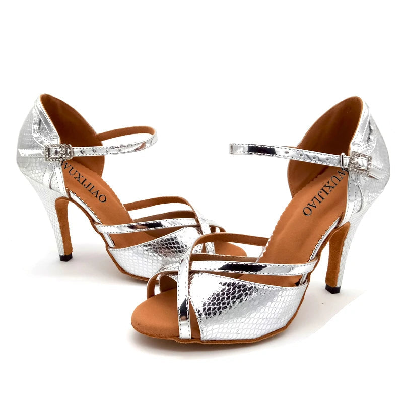 Open-Toe Latin Dance Sandals | Metallic Silver | Multi-Heel