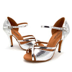 Open-Toe Latin Dance Sandals | Metallic Silver | Multi-Heel