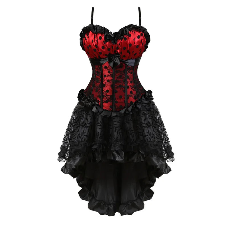 Floral Lace-Up Overbust Corset | Burlesque Set | Red & Champagne