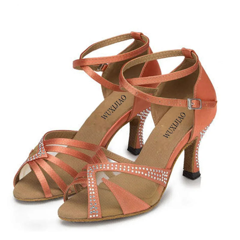 Rhinestone Satin Latin Dance Sandals | Thin Heel | 6–10cm | Black, Red & Orange