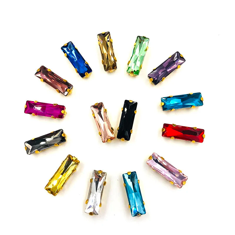 Black Rectangle Sew-On Rhinestones — Gold Base Glass Crystal