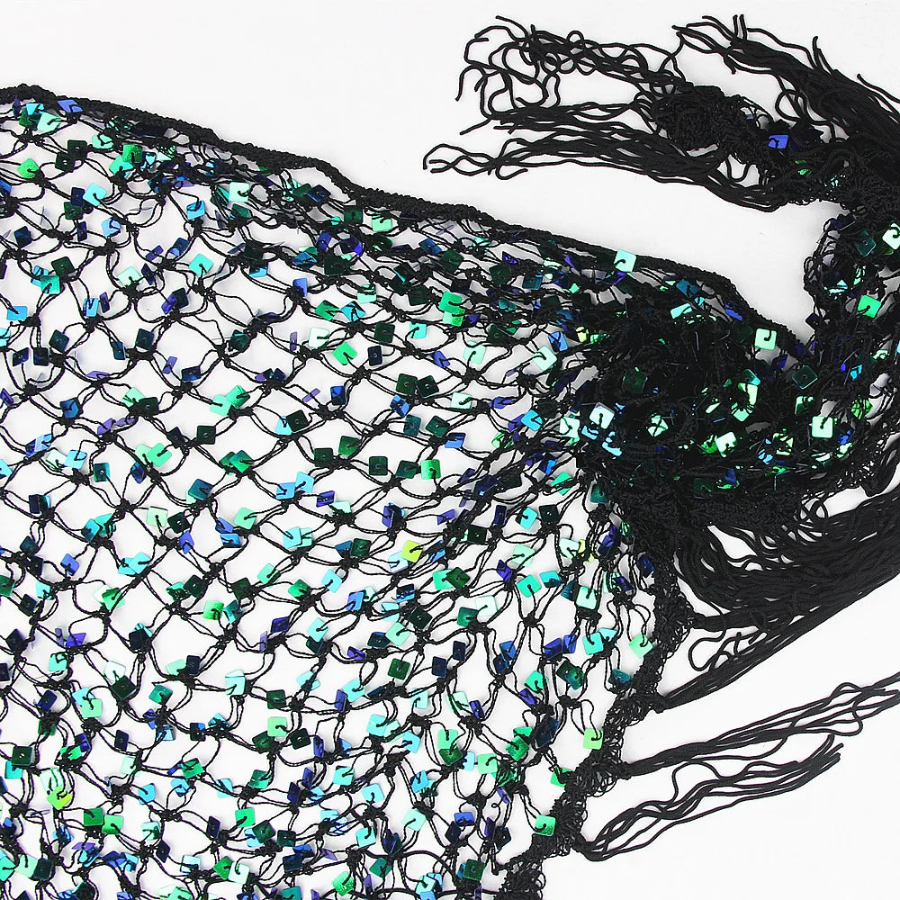 Sequin Belly Dance Hip Scarf - Shimmering Crochet Tassel Belt for Performance