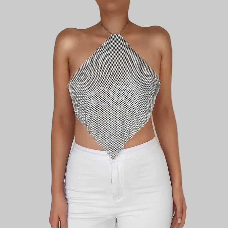 Diamond Grid Rhinestone Bralette - Backless Metal Chain Crop Top
