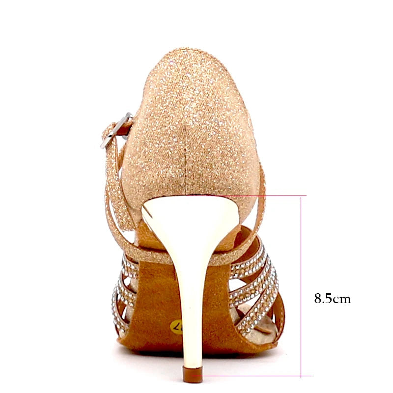 Sequin Rhinestone Ballroom Dance Heels | Gold & Blue | 75–85mm