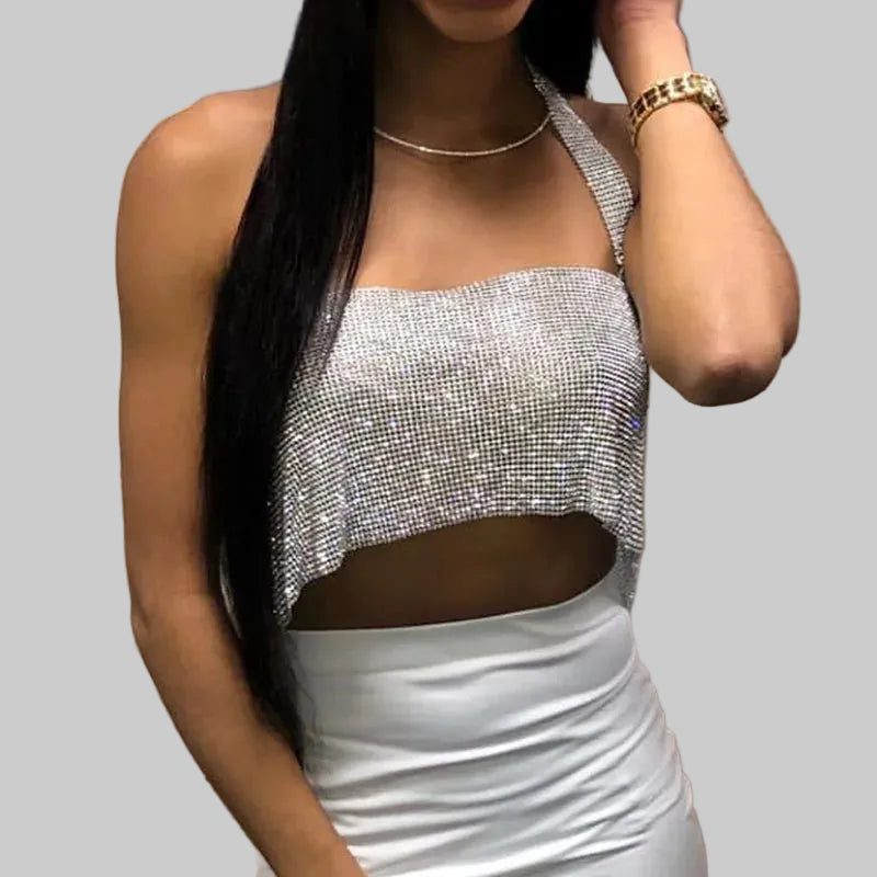 Crystal Rhinestone Metal Chain Halter Crop Top - Backless Tank