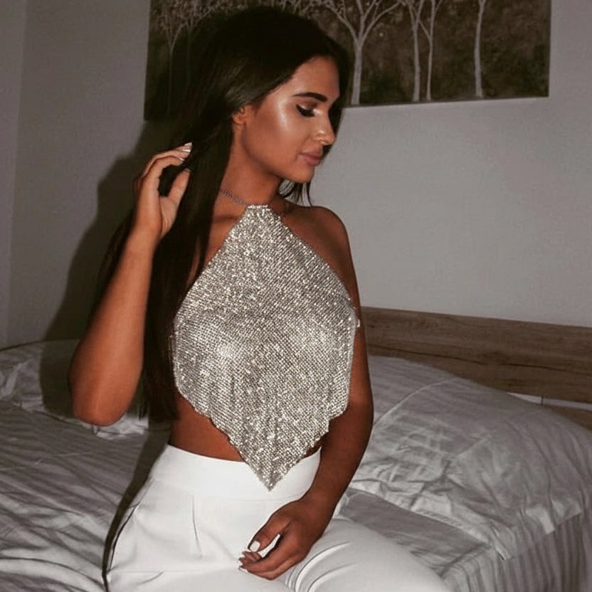 Diamond Grid Rhinestone Bralette - Backless Metal Chain Crop Top