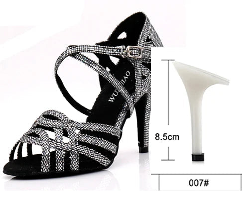 Rhinestone Latin Dance Sandals | Thin Heel | 6–10cm | Black, Silver & Gold