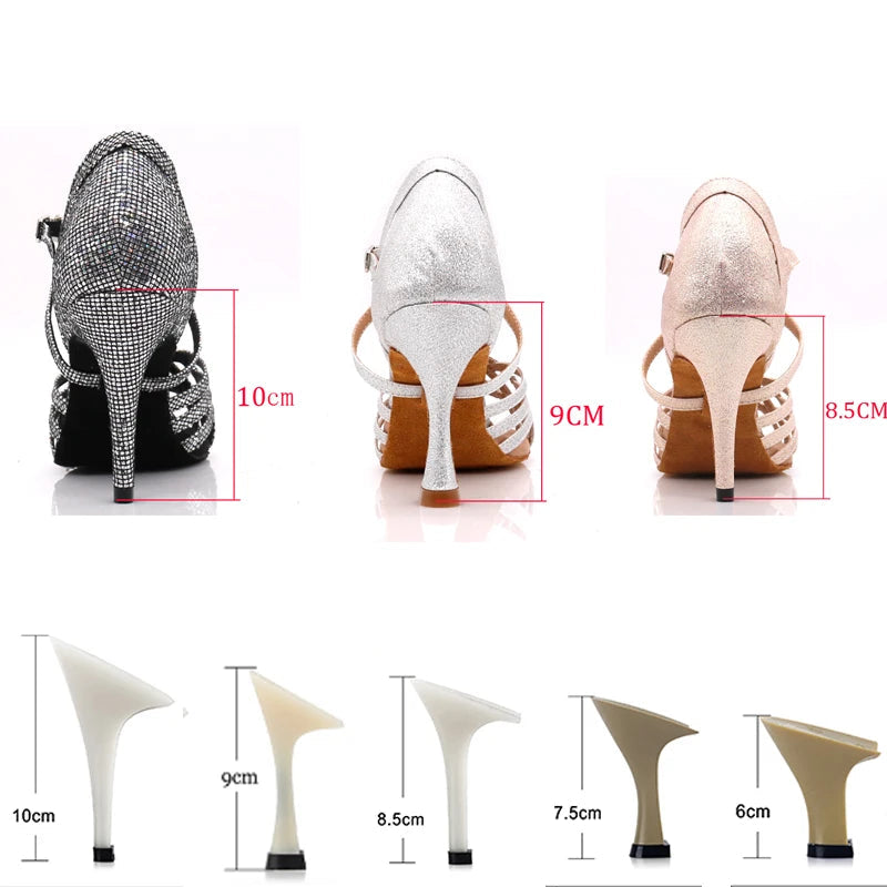 Rhinestone Latin Dance Sandals | Thin Heel | 6–10cm | Black, Silver & Gold