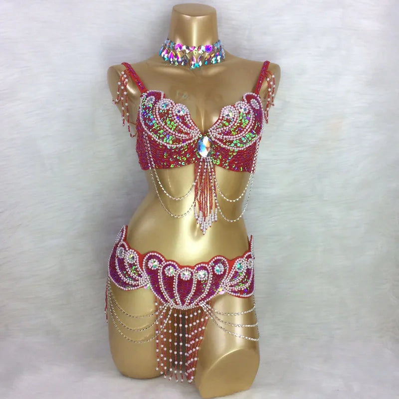 Dazzling Beaded Belly Dance Costume Set - Bra, Belt & Necklace (3-Piece)