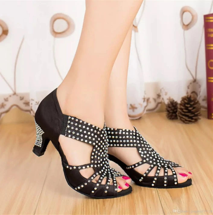 Rhinestone Latin Dance Sandal | Black Satin | 5–10cm Heel