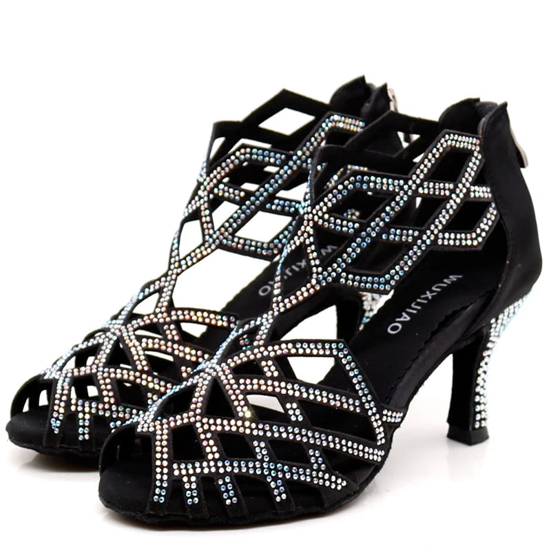 Rhinestone Cut-Out Latin Dance Sandals | Thin Heel | 6–10cm | Black & Blue