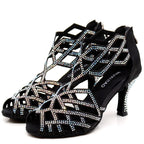 Rhinestone Cut-Out Latin Dance Sandals | Thin Heel | 6–10cm | Black & Blue