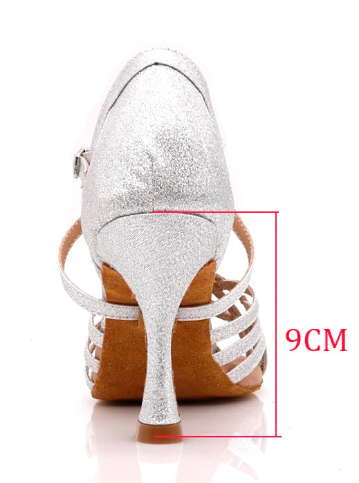 Rhinestone Latin Dance Sandals | Thin Heel | 6–10cm | Black, Silver & Gold